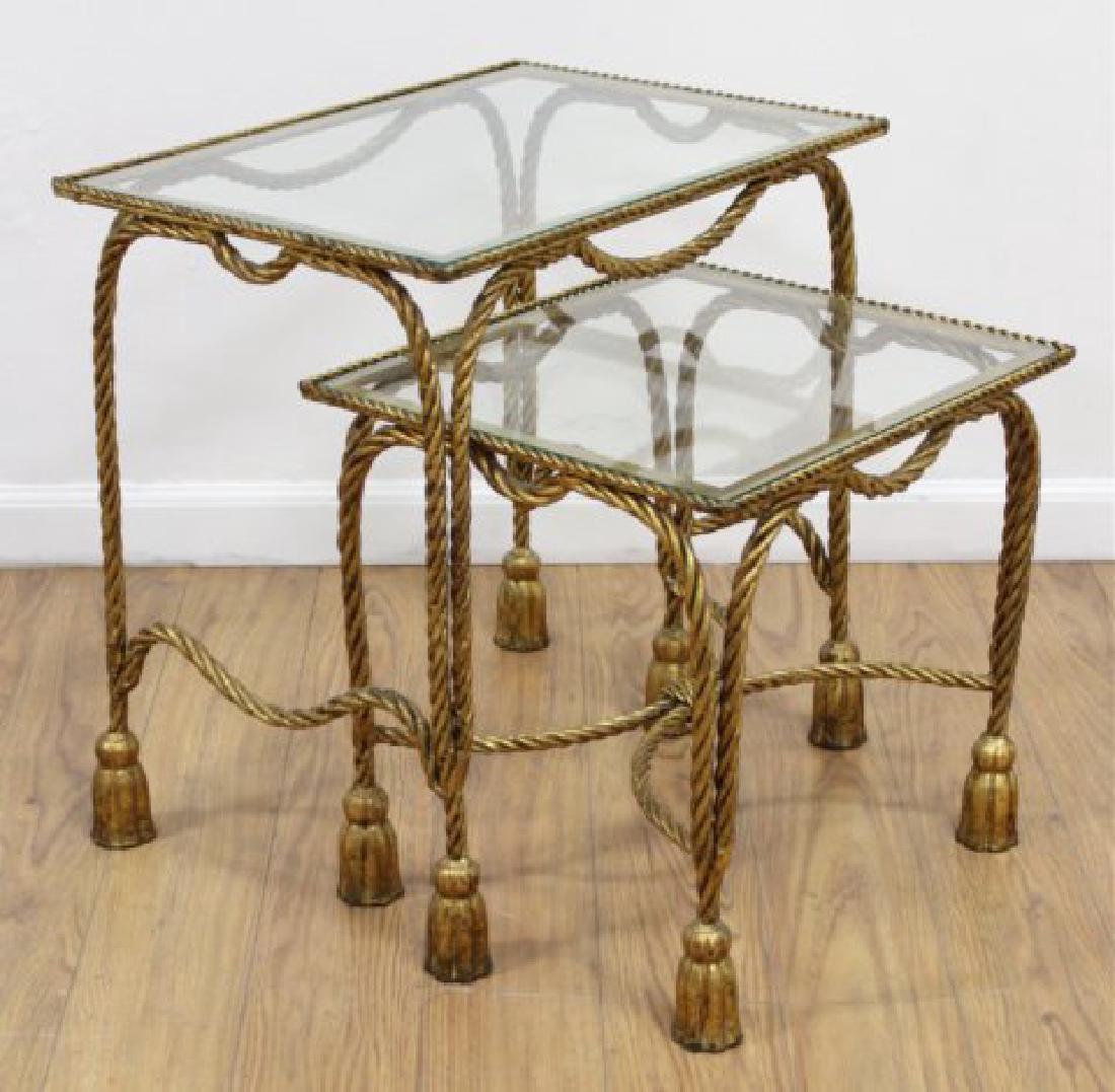 Gilt Metal Tassel Nest of 2 Tables: Taller approx. 21" x 20 1/2" x 15". (6164)