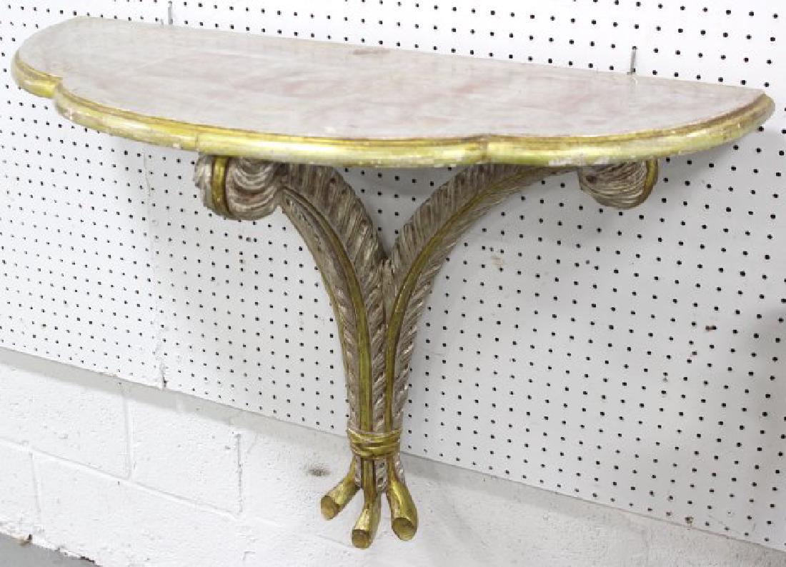 Gilt Console Shelf: Prince of Wales feathers. Mounts to wall. Approx. 38 1/2" x 15 1/2" x 38".