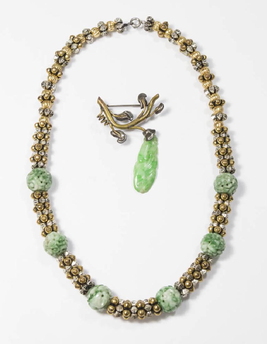Silver Foliate Pin & Mixed Metal Jade Necklace: HNT NID Taxco silver foliate pin with carved jade. Mixed metal and carved beaded jade necklace, approx. 16" L.