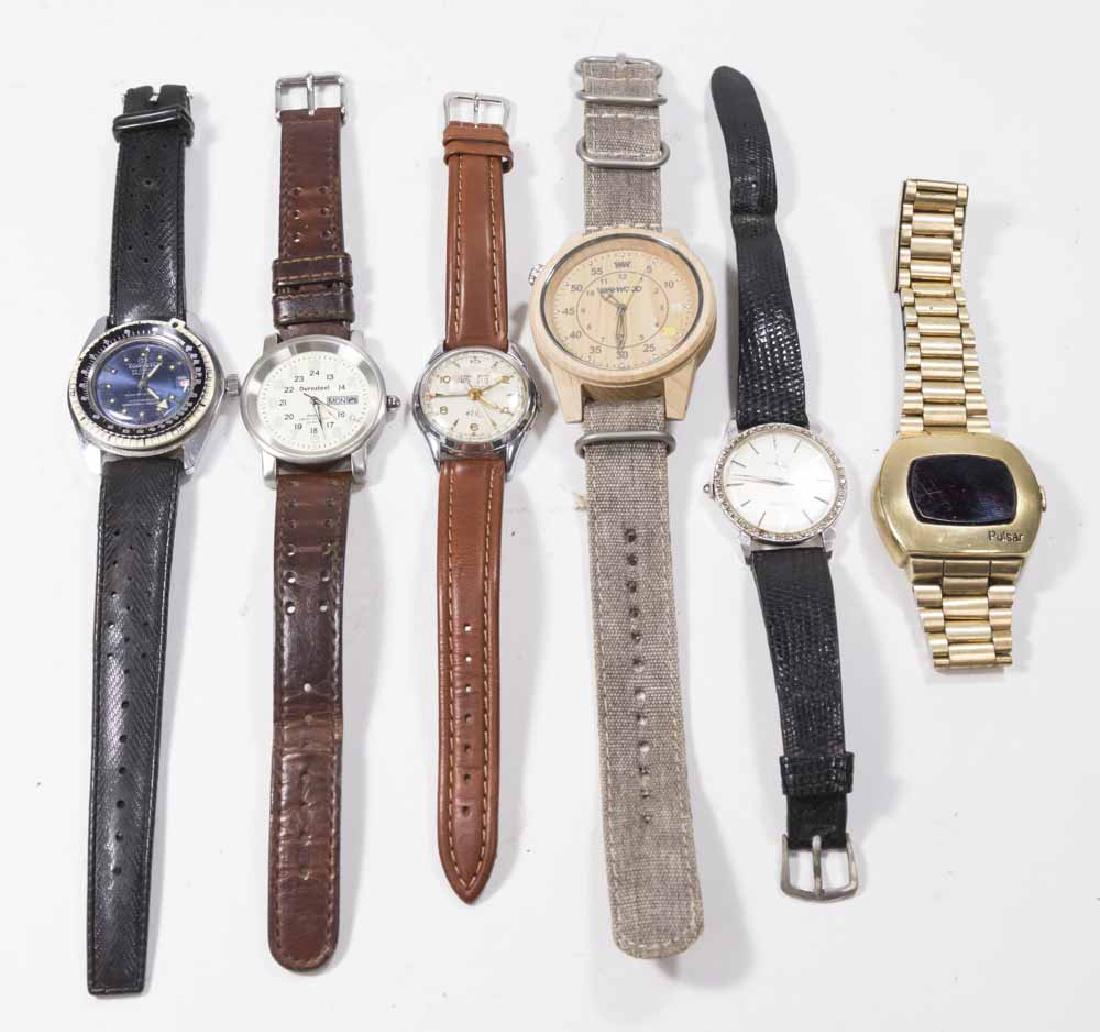 Lot of 6 Vintage Men's Wrist Watches: Including 17 jewels Crosby, Durasteel quartz with calander, Glycine with rhinestone border around face, Pulsar, Concerta 23 jewels calendar, Wewood with leather band and wood face. (6152)