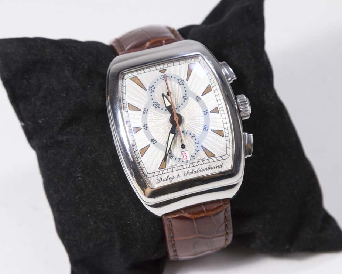 Dubey & Schaldenbrand Gran Chrono Men's Watch: Stainless steel, leather band, silvered guilloche dial with gold markers, original buckle. (6125)