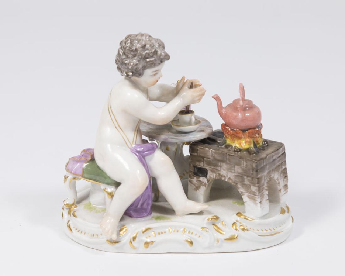 Meissen Figure of Putti with Teapot on Stove: Approx. 4" H. (6144) Very good condition.
