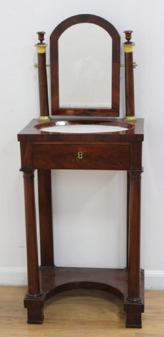French Empire Style Gentelman's Shaving Stand: With swivel mirror and bronze mounts. Mirror height approx. 44" high, front - 29" high, 17" wide, 11 1/2" deep.