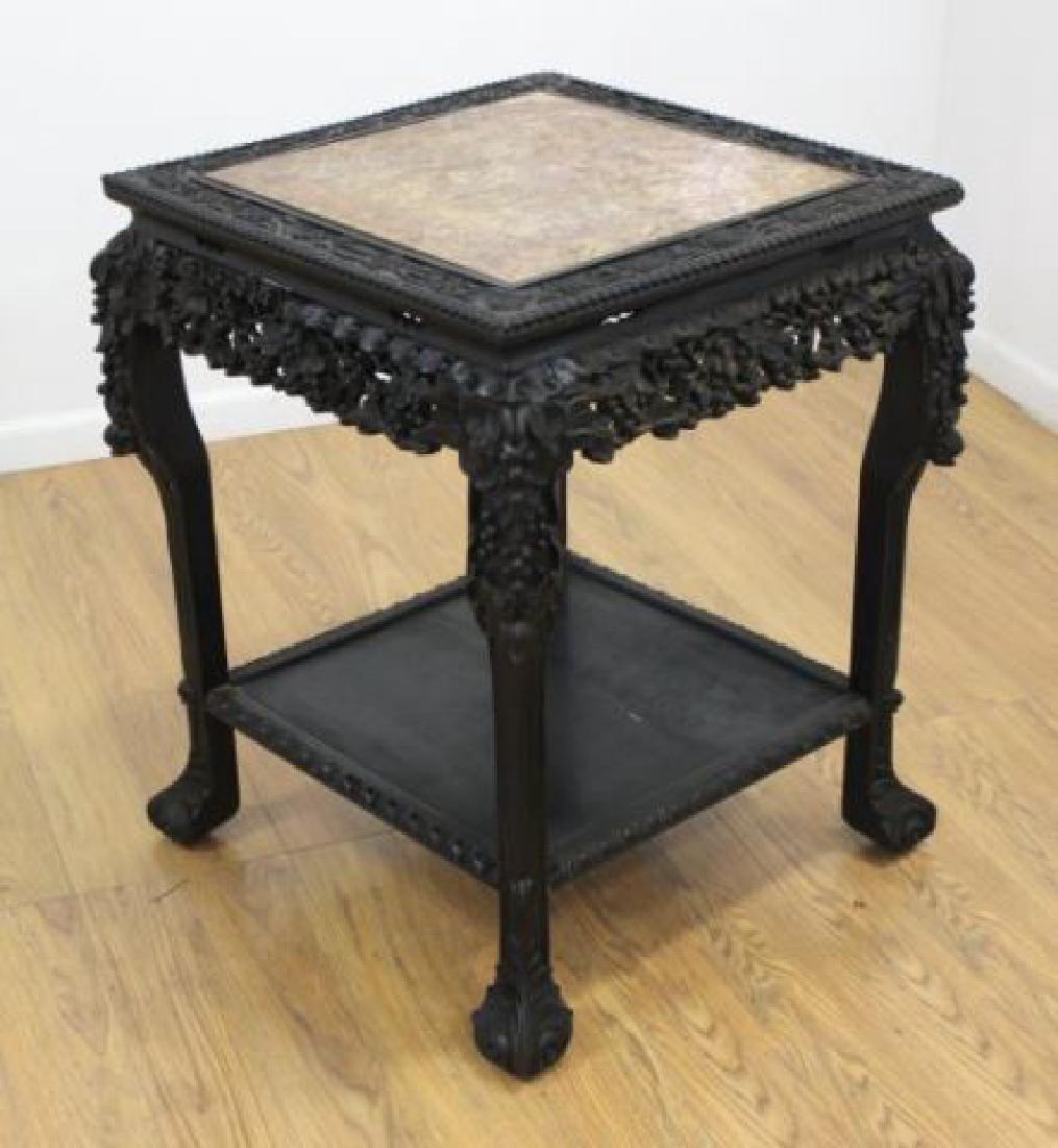 Chinese Hardwood Marble Carved 2-Tier Table (1 of 5)