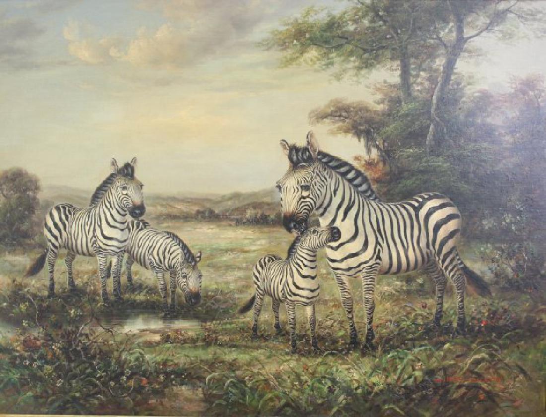 M.P. Elliott, "Zebras": Oil on canvas. Signed lower right. 20th century. Approx. 36" H x 48" W sight, 48" H x 60" W framed.
