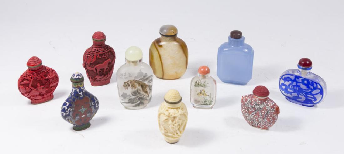 Group Lot 10 Chinese Snuff Bottles: Including agate, opaline, bone, lacquer, cloisonné, glass, and more. Various sizes. Property from the collection of Hank Willoughby, Allenwood, NJ.