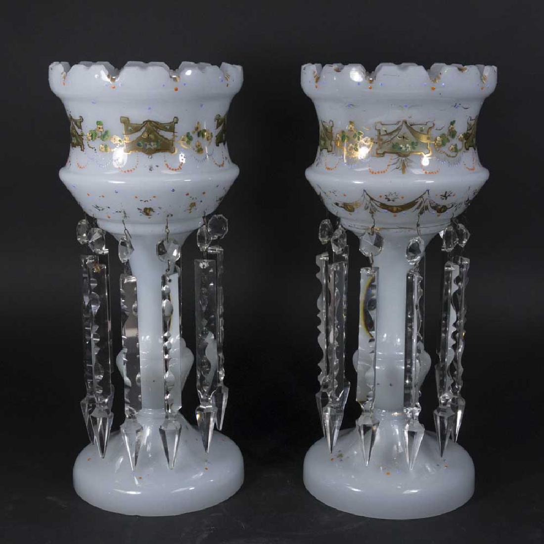 Pair Victorian Bristol Glass Hurricane Urns: With drop crystals. Approx. 17" H.