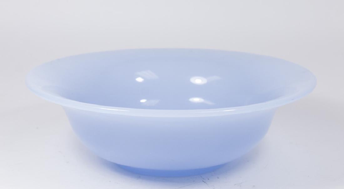 Blue Opaline Glass Bowl: Approx. 3 1/2" H x 11 3/4" diameter.