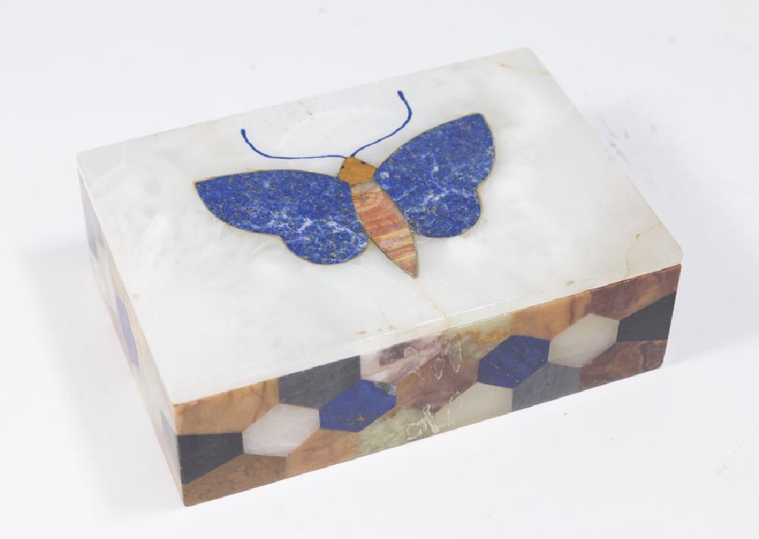 Pietra Dura Mosaic Butterfly Covered Box: Approx. 1 3/4" H x 5 3/4" W x 4" D.
