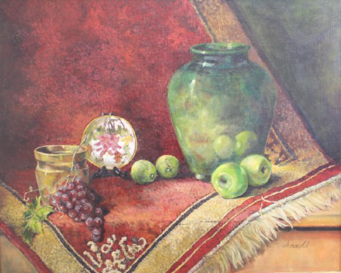Arnold, Still life with Fruit: Oil on canvas. Signed lower right. 20th century. Approx. 24" H x 30" W unframed, 32" H x 38" W framed.