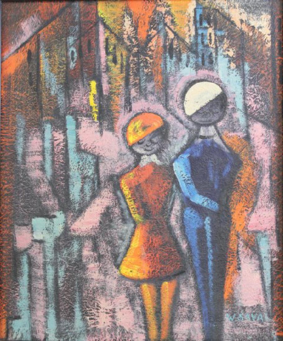 W. Saval, Abstract Cityscape with Young Couple: Oil on canvas. Signed lower right.