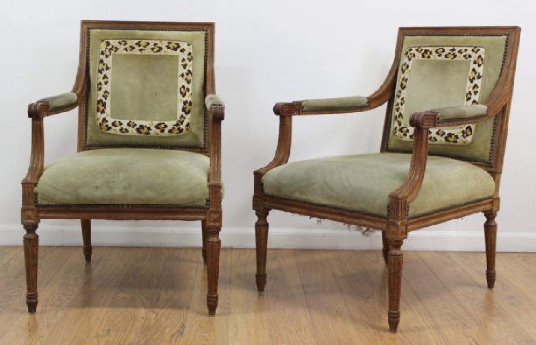 Pair Louis XVI Style Open Arm Chairs: Approx. 35 1/2" H back x 26" W x 23 1/4" D.