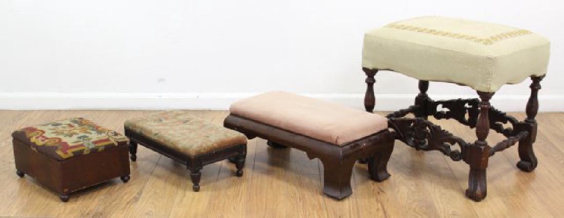 4 Needlepoint Footstools: Circa 1900-1920s. Largest approx. 20" H x 17" x 22".
