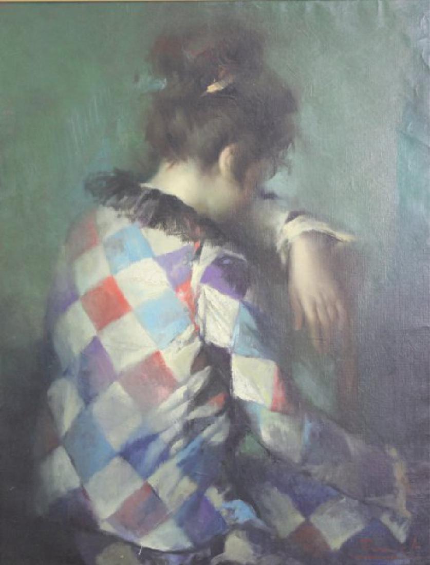 Portrait of Seated Lady: Oil on canvas. Signed illegibly lower right. 20th century. Approx. 36" H x 28" W unframed, 43" H x 35" W framed.