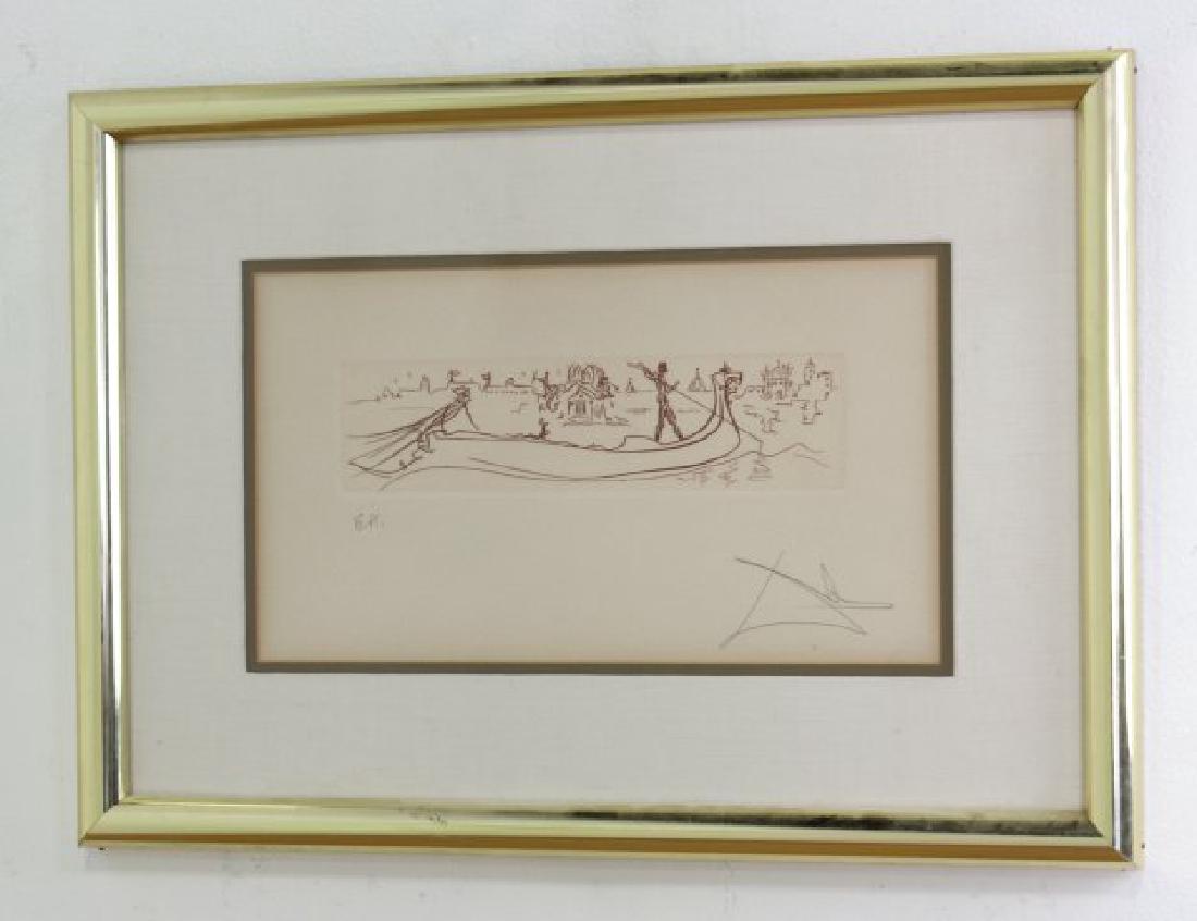 Dali Artist's Proof, Venice Gondola: Approx. 3" x 11" image, 24" x 17 1/2" W framed.