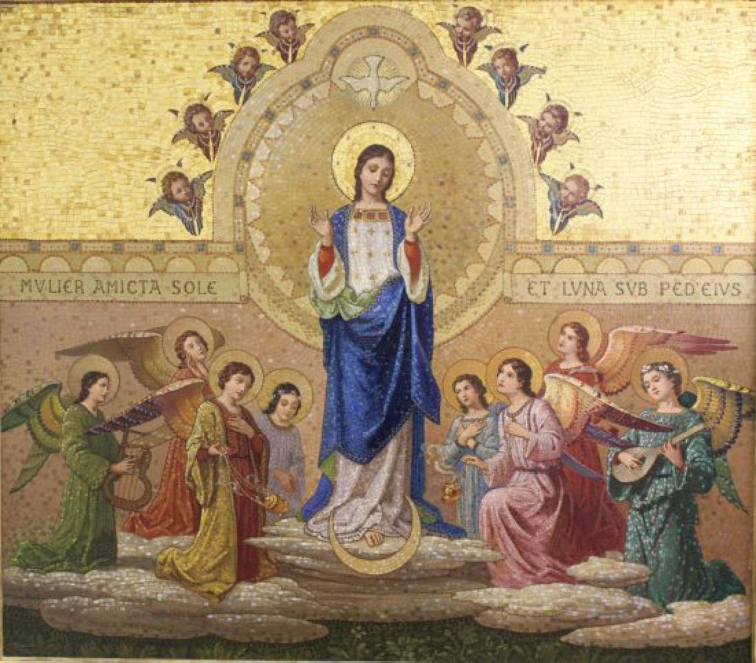 Mid-Century Painting of Madonna & Angels: Gold leaf frame. Image approx. 42" by 48", 47" by 53" with frame.