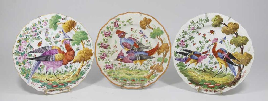 3-18th/19th Century Chelsea Fowl Plates: Approx. 10" D. Line in one.