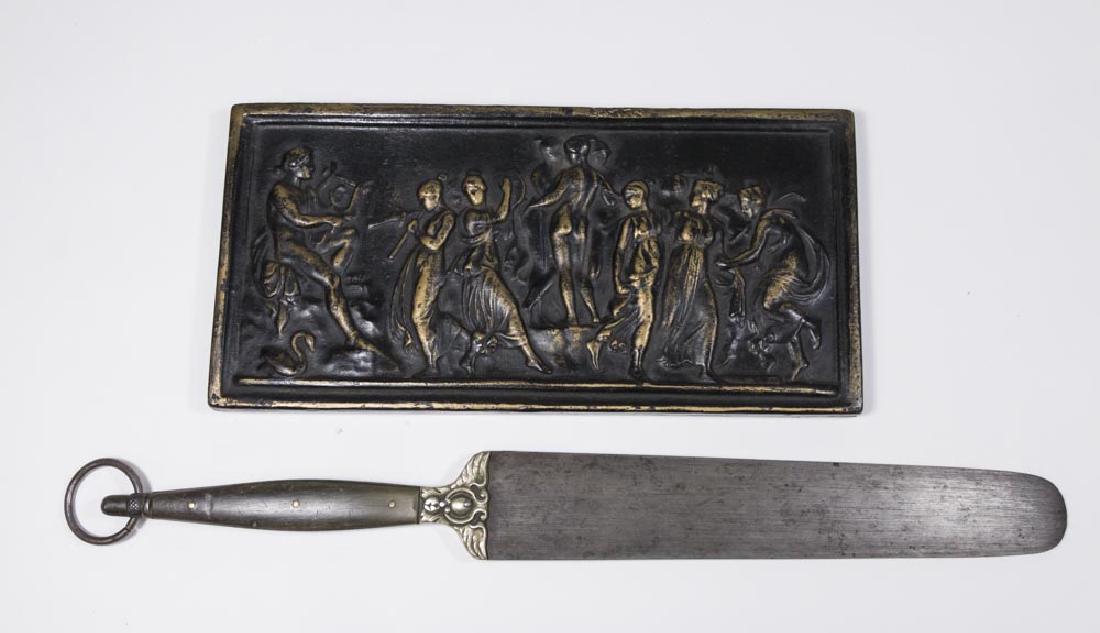 Gold Highlighted Iron Relief & Letter Opener: Mythological, approx. 9 1/2" x 5" W. Letter opener approx. 13 3/4" L. Property from the collection of Hank Willoughby, Allenwood, NJ.