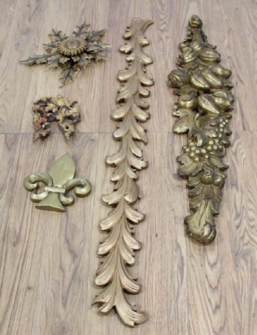 4 Various Carvings: Giltwood early 20th century and 1 modern giltwood. Grape leaf design and oldest approx. 38 1/2" x 8". From a royal Austro-Hungarian family dating back centuries. (6173) Modern with broken spine.
