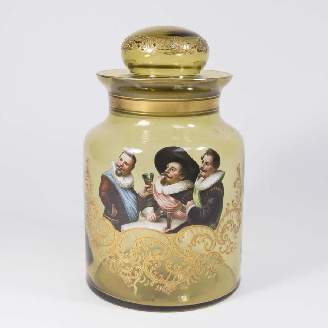 Enamel & Amber Glass Crystal Tobacco Jar: Approx. 10 1/4" H x 6" diameter.