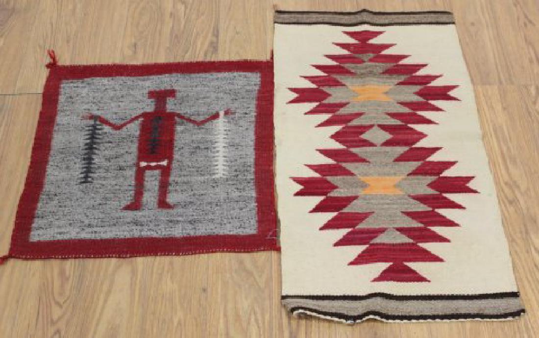 2 Navajo Rug/Carpets: Navajo Yei rug, approx. 22" square. Geometric Navajo Indian rug, approx. 36" x 19".