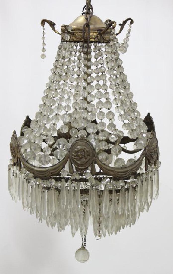 Louis XV Style Brass & Faceted Glass Hall Fixture: Approx. 24" H x 15" diameter. 1 crest mount off. Missing drops.