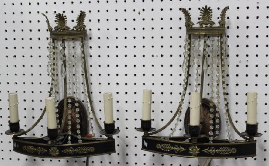 Pair Crystal Gilt Metal & Bronze Wall Sconces: Approx. 12" x 15" x 5" D.