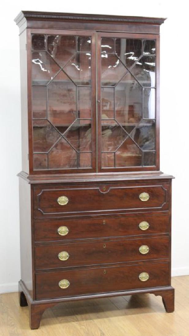 Early 19th C. English Mahogany Bureau Secretary: 2-piece. Approx. 89" H x 43" W x 21" D.