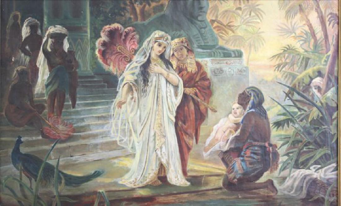 Baby Moses Being Received by the Pharaoh's Sister: Oil on canvas. Gilt framed. Approx. 25" H x 30" W image, 29 1/4" H x 44 1/2" W framed. From the home of a N.Y. designer.