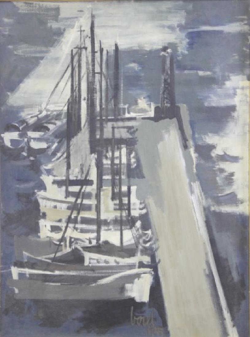 Jeannie Borel, Boats at Quai, Abstract: Oil on canvas. Signed and dated 1965 bottom. Approx. 32 1/2" x 24 1/2" framed.