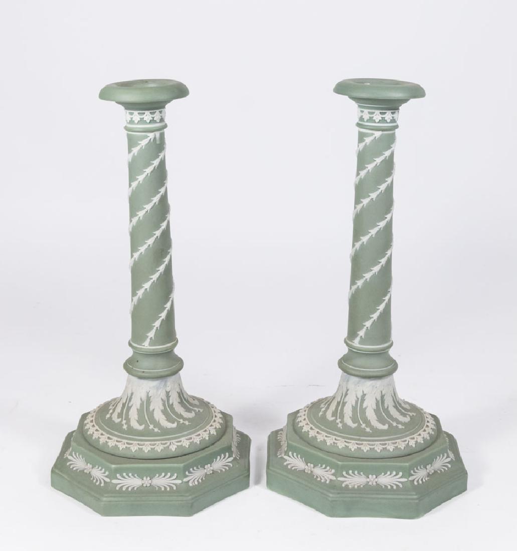 Pair Wedgwood Green & White Candlesticks (1 of 5)
