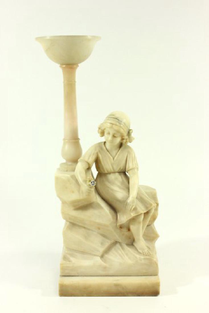 G. Banchini, Girl with Flowers: Alabaster figure. Originally mounted as lamp. Signed. Approx. 17" H x 6 3/4" W x 4 3/4" D.