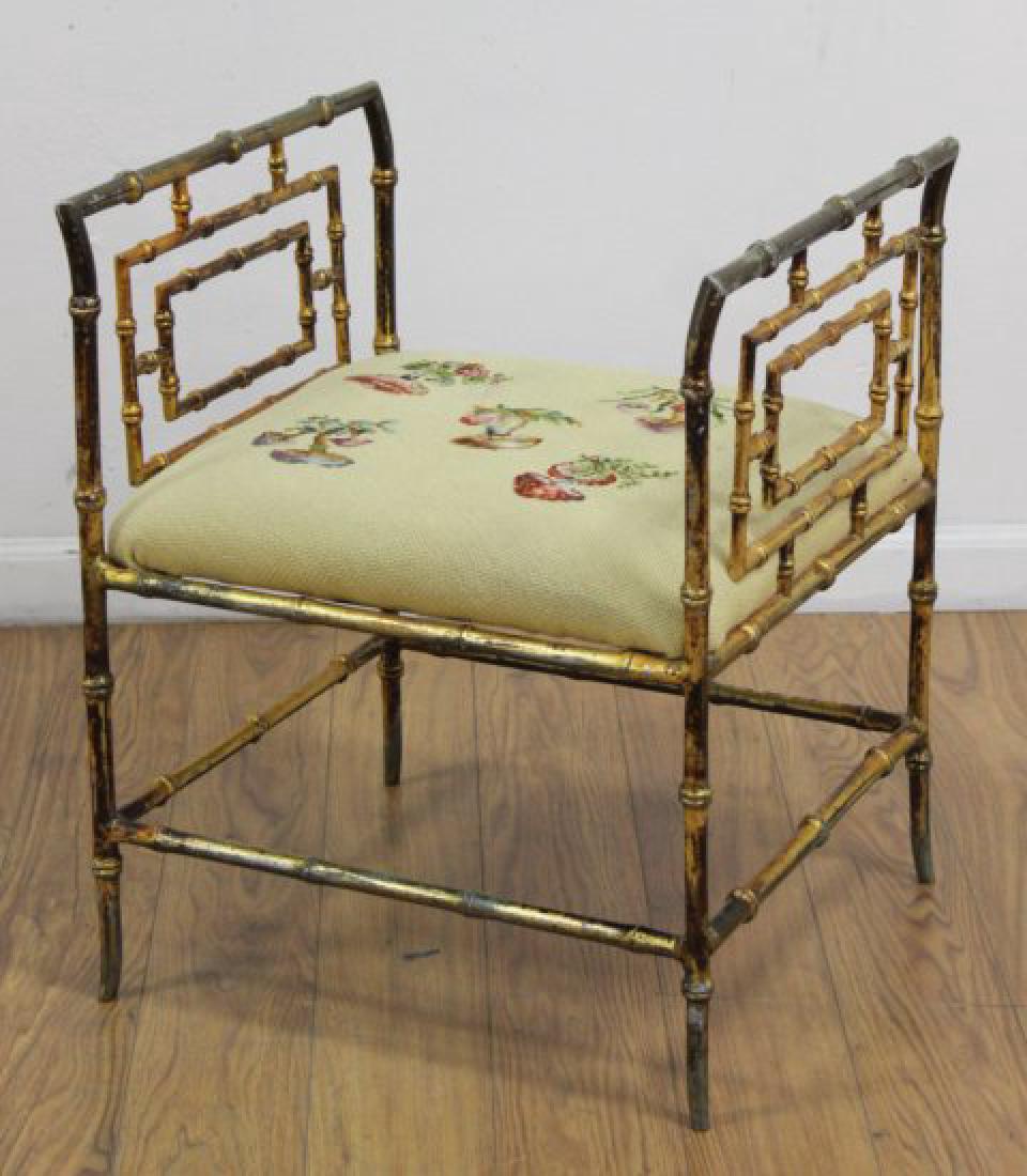 Gilded metal Bamboo Design Bench: With needlepoint seat. Approx. 23 1/4" high, 19 1/4" wide, 17 1/2" deep. (6183.35)
