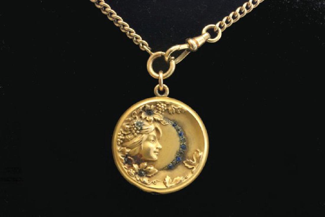 10K Gold Art Nouveau Locket with Jewels: On 10K gold chain. Approx. 14 dwt.