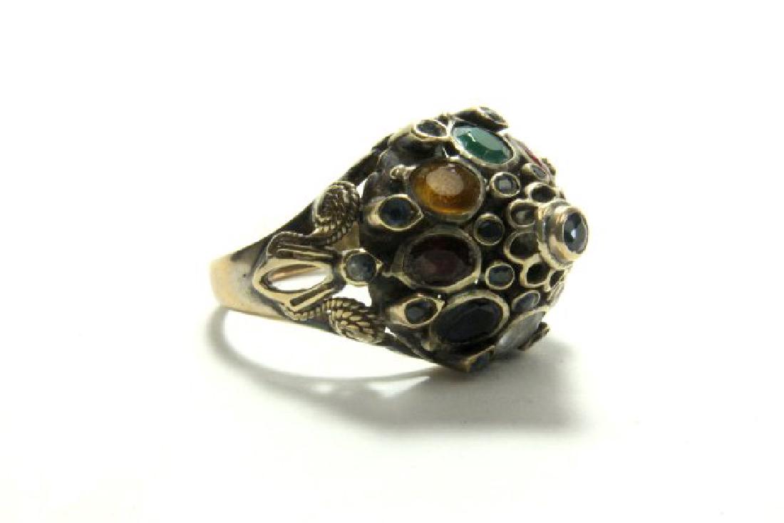 14K Gold & Jewels Dome Ring: Ruby, emerald, topaz, etc. Approx. 3.2 dwt.