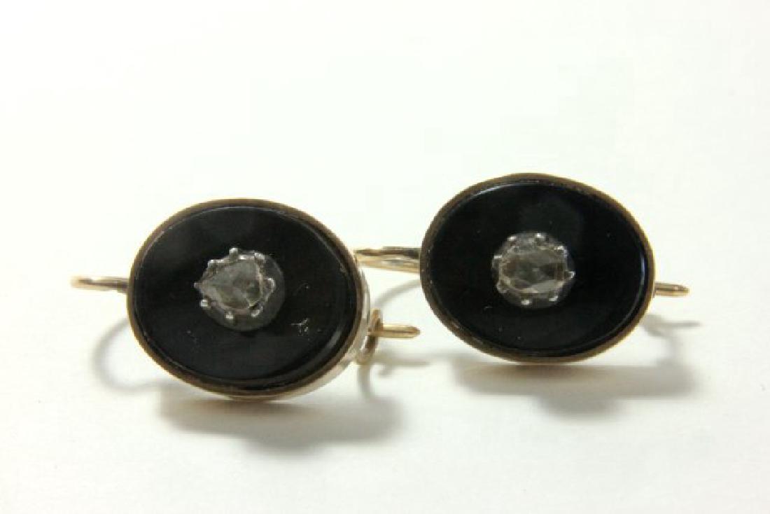 Pair 14K Gold, Onyx, & Rosecut Diamond Earrings: Pair 14K Gold, Onyx, & Rosecut Diamond Earrings