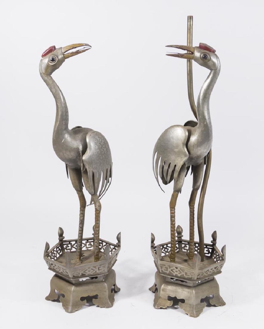 Pair Chinese Pewter Crane Form Lamps (1 of 5)