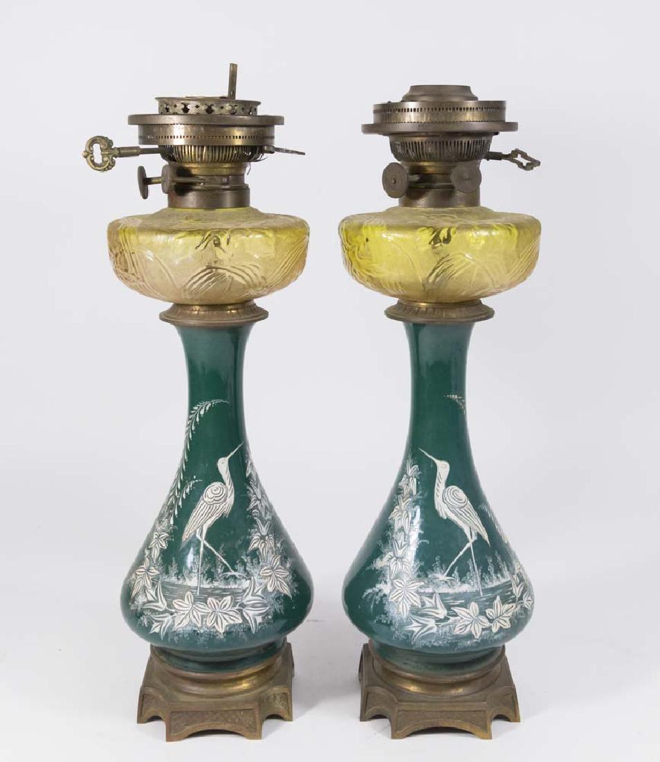 Pair Victorian Porcelain & Glass Oil Lamps: Approx. 18" H. Fitted for electricity. (SL416)