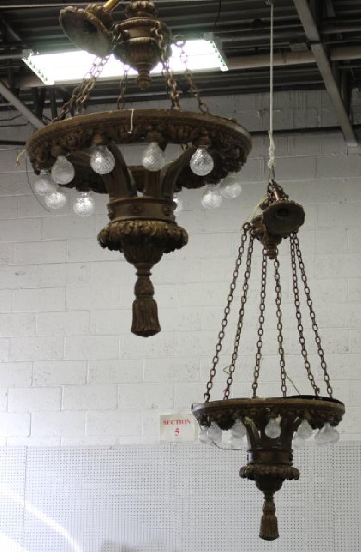 Pair Large Gilt Gesso Chandeliers: Approx. 55" H with chains x 29" diameter. Some losses.