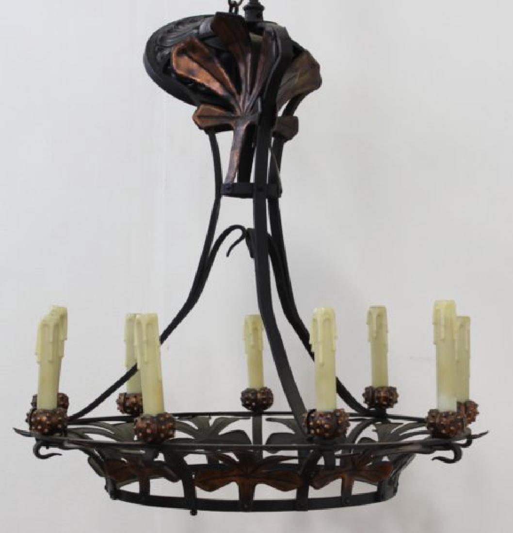Arts & Crafts 9-Light Chandelier: Copper and wrought iron. Approx. 29 1/2" H x 28" diameter. (031396C) 1 frond broken.