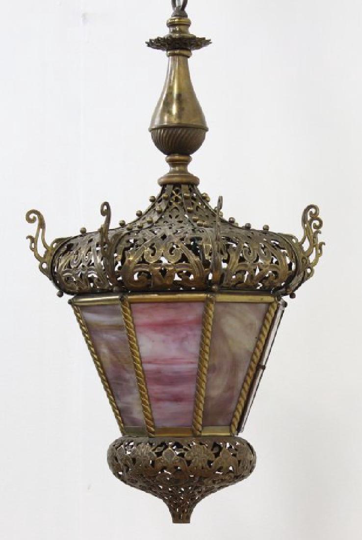 Victorian Pierced Brass & Slag Glass Lantern (1 of 3)