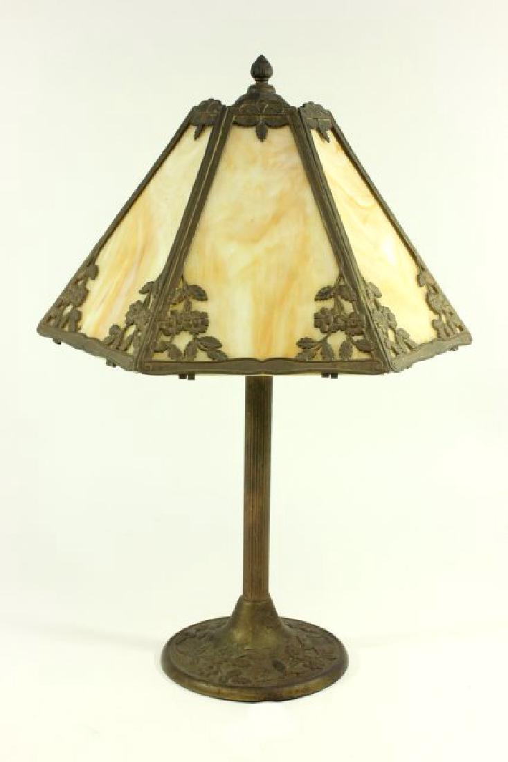 Slag Glass Desk Lamp: Decorated with flowers on shade and base. Approx. 23" H x 16" W.