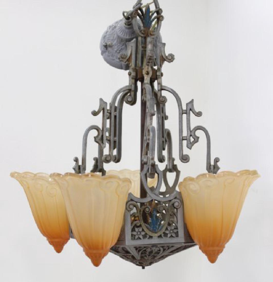 Art Deco 5-Light Chandelier with Carmel Shades: Approx. 20" H x 19" W.