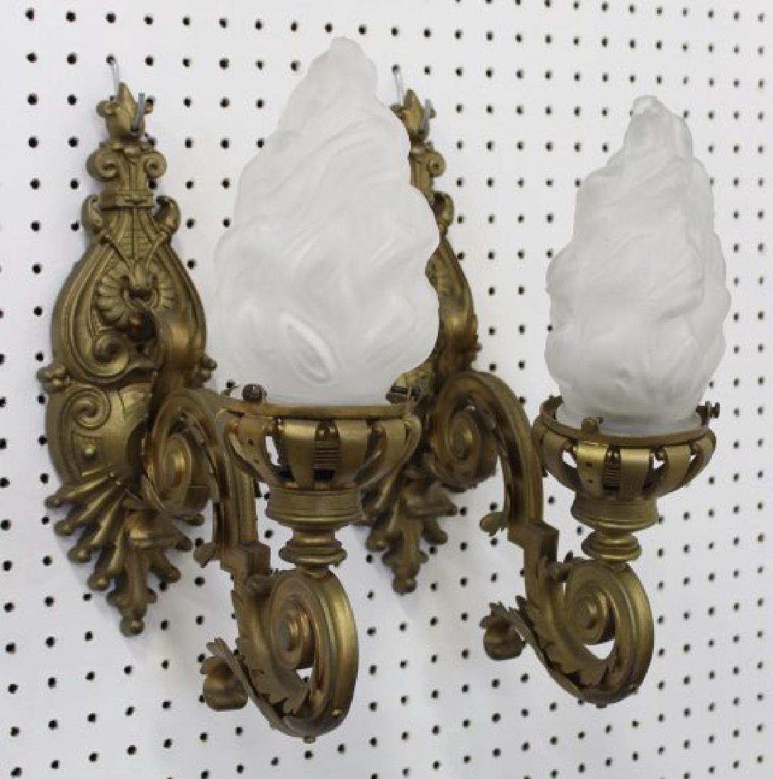 Pair Louis XV Style Gilt Metal Single-Arm Sconces: With flame shade. Approx. 14" H.