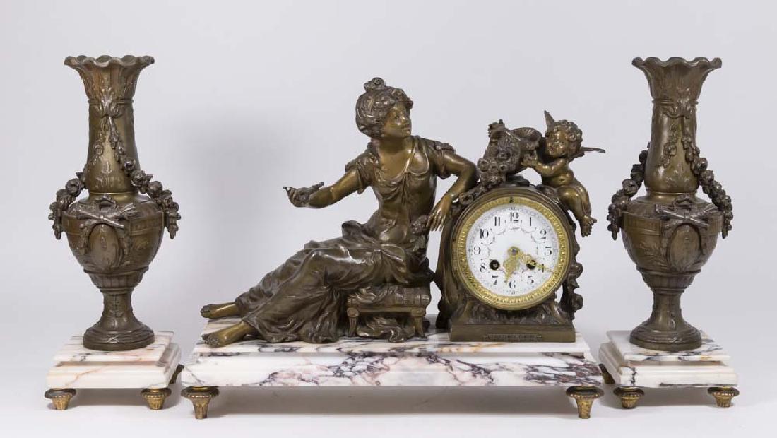 3-Pc French White Metal & Marble Figural Clock Set (1 of 9)