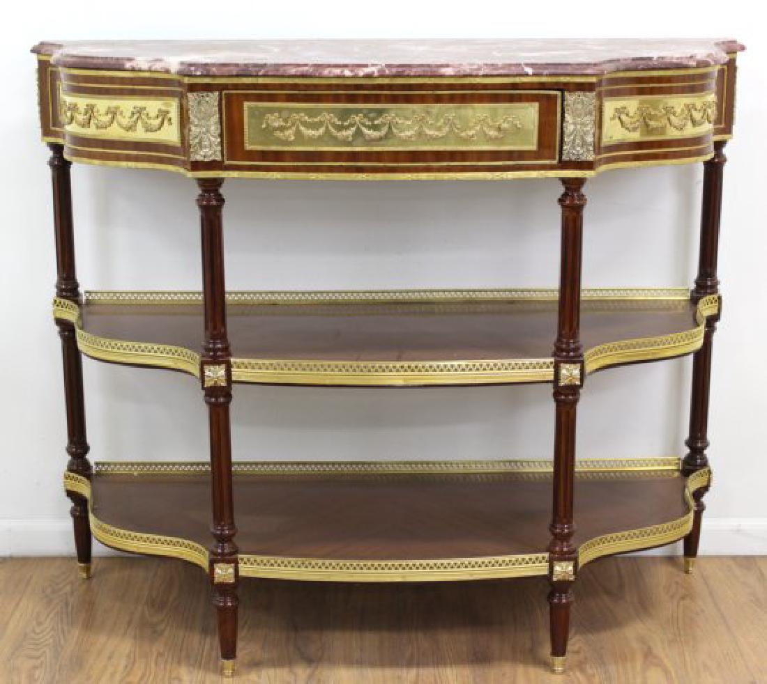 Louis XVI Style 3-Shelf Console w/ Bronze Ormolu: Contemporary. Marble top. Approx. 43" H x 53" W.
