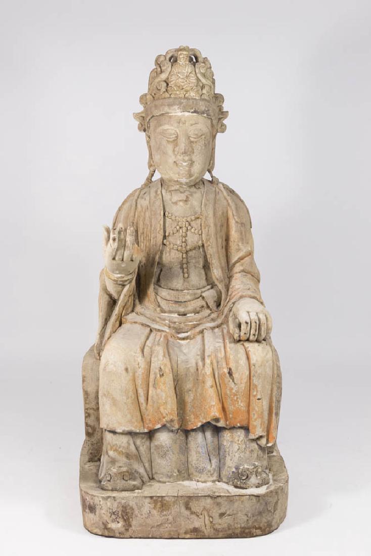 Seated Carved Wood Buddha: Approx. 25" H.