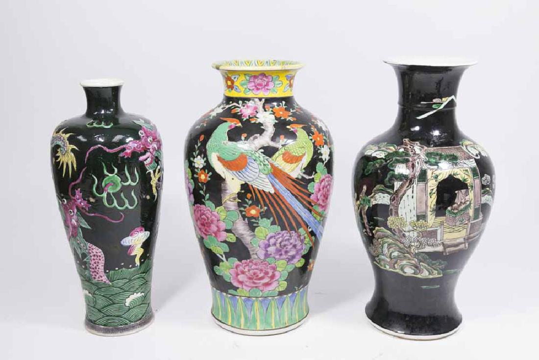3 Chinese Black Ground Porcelain Vases: Largest approx. 12 1/4" H. (SV52, 031889A, SV62) Hairline crack on rim of 1.
