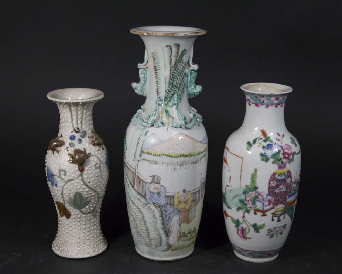 3 Chinese Porcelain Vases: 2 with court scenes. 1 with applied foliage throughout. Larger approx. 12" H. (SV284, 60287AX)