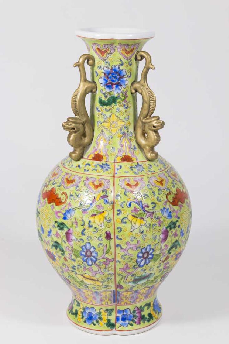 Chinese 3-Handle Vase with Dragons: Marked on bottom. Approx. 12" H.